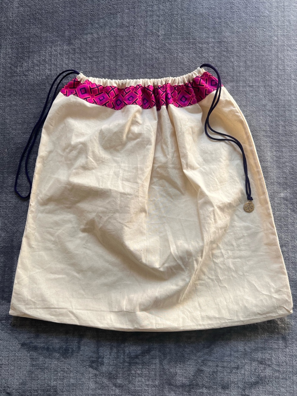 Tory Burch Large Drawstring Dust Bag Cream Purple Geometric Logo Charm Storage